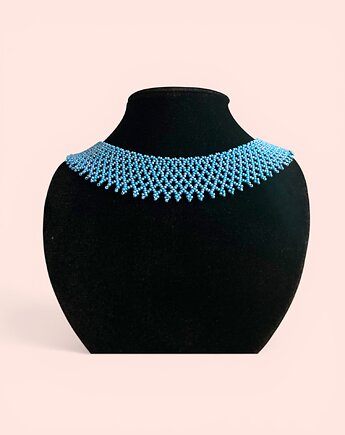 Naszyjnik koralikowy, ażurowy kołnierzyk folk, łemkowska krywulka, błękitny, ArtGez