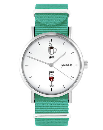 Zegarek - Kawa i wino - turkusowy, nylonowy, yenoo