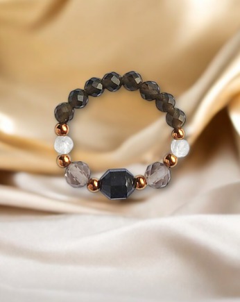 OCHRONA : pierścionek II - turmalin, obsydian, kwarc dymny, kryształ górski, kaktusia