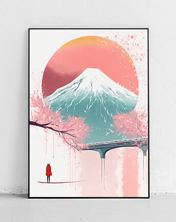 Plakat Góra Fuji z pociągiem i osobą w czerwonym płaszczu, Harvest Maison