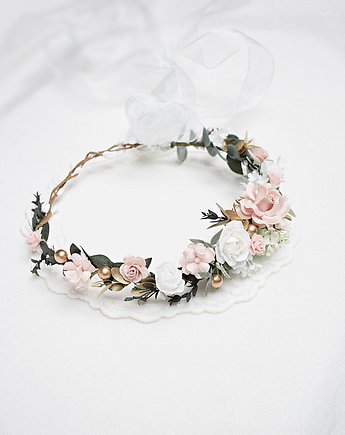 Wianek komunijny dla dziewczynki pudrowy róż, złoto, gałązki, Petite Dame