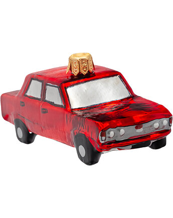 Bombka choinkowa szklana ręcznie malowana: Fiat 125p: czerwony, Syn Bombkarza