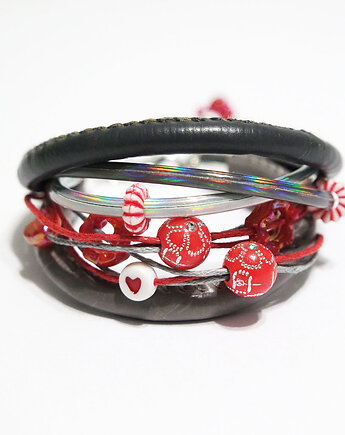 Bransoletka - Czerwono - szara, koraliki - rzemienie, yenoo