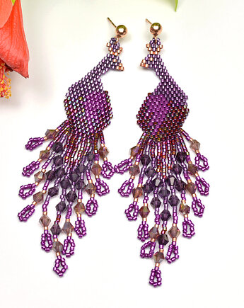 Pawie fioletowe I, kolczyki z frędzlami, beading, Sol