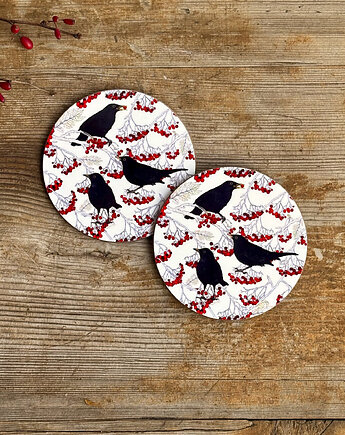 Podkładki pod kubek- Kosy w jarzębinie- Ilustracja- Black birds, BOSKE