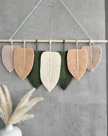 Duża Makrama Liście XL Ozdoba Ścienna Boho Zieleń Beż 80 cm, Pracownia Wardin