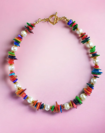 Multikolorowy naszyjnik : choker : perły & masa perłowa, kaktusia