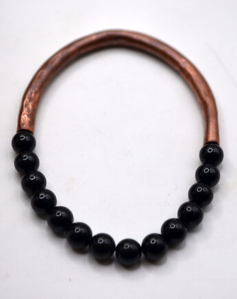 Bransoletka miedziana handmade z koralikami: turmalin, FutharkCopper