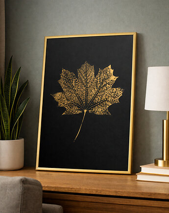 Autorska Grafika Botaniczna. Złoty Plakat Liść Klonu 20x30cm. Złota Rama Alu, Kuźnia Obrazów
