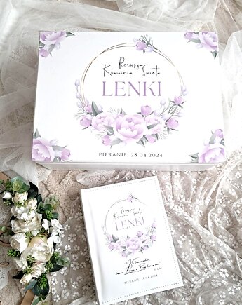 Zestaw komunijny FIOŁKOWE KWIATY z imieniem, kuferek i album prezent na Komunie, LOO LOO DREAM