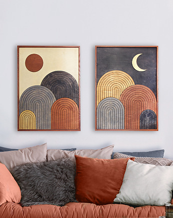 Dyptyk z drewna. Dwa obrazy w stylu boho. Słońce i księżyc. Dzień i noc., pracownia ReThing