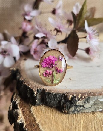 Wieczny kwiat pierścionek złoty różowy kwiat prawdziwy żywica, zkwiatem