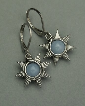 Błękitne małe kolczyki słoneczka angelit wire wrapping, Agata Rozanska
