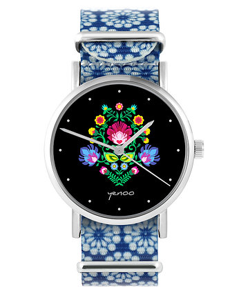 Zegarek - Folkowy czarny - niebieski, kwiaty, OSOBY - Prezent dla dziewczynki