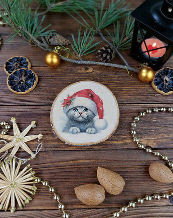Brzozowa podkładka pod kubek, świąteczna zawieszka - kot, Manufa