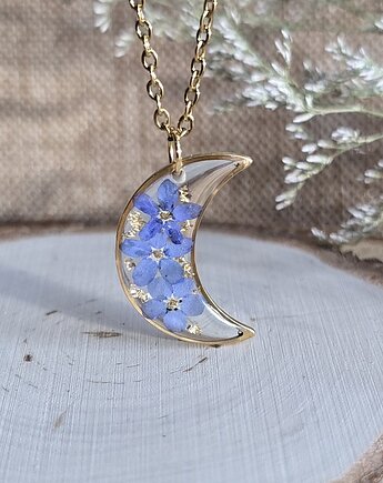 Złoty wisiorek złota zawieszka księżyc niezapominajki, zkwiatem
