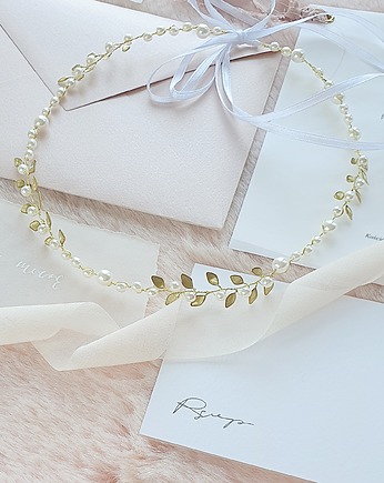 Opaska ślubna boho z listkami i perłami, PiLLow Design