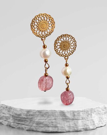 Kwarc truskawkowy & PERŁY - kolczyki na ozdobnych sztyftach., kaktusia