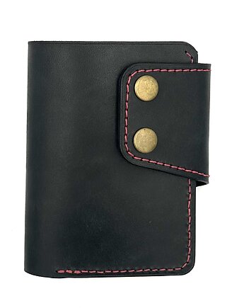 Duży czarny portfel z dodatkiem czerwieni ręcznie uszyty ze skóry., Rkabags