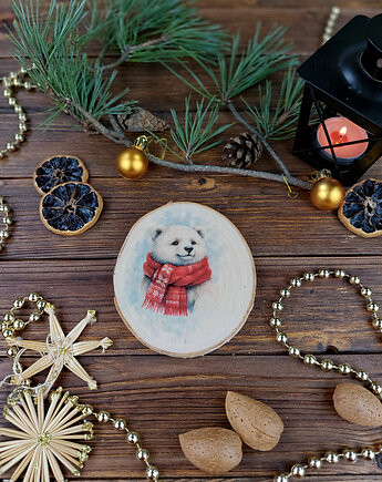 Brzozowa podkładka pod kubek, świąteczna zawieszka - biały miś, Manufa