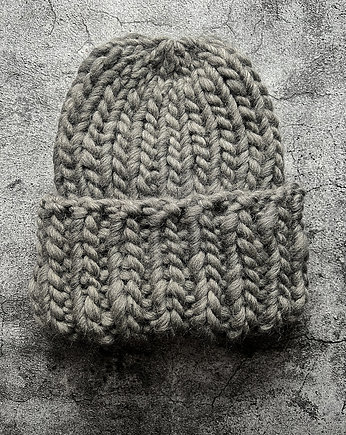 Gruba zimowa czapka 100% wełna szara, Made by Jaga