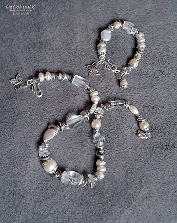 Naszyjnik i bransoletka z kryształu górskiego i pereł unikat ręcznie robiony, Galeria Limart