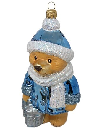 Ręcznie malowana bombka szklana miś z walizką w niebieskim płaszczu, STARGLASS