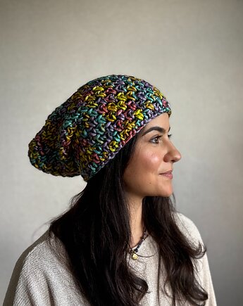 Kolorowa duża czapka beanie z wełną i alpaką, Zasznurowane