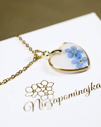 Naszyjnik białe serce z kwiatami Niezapominajki powiew wiosny, Lovely Jewellery