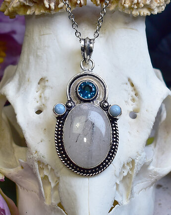 Miedziany posrebrzany wisiorek z kwarcem z rutylem i niebieskim opalem, Spirit Of Copper