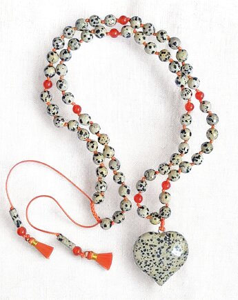 UNIKATOWY naszyjnik supełkowany : jaspis dalmatyński na pomarańczowo, kaktusia