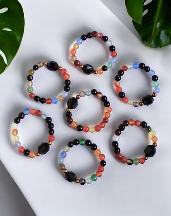 Pierścionek : turmalin, agat multicolor, kaktusia