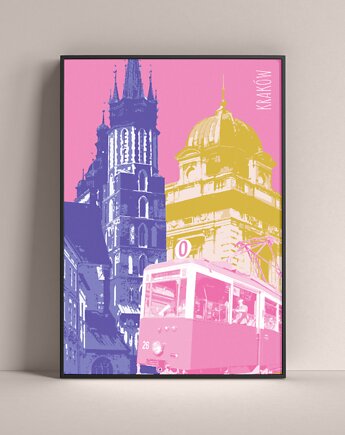 Kraków - autorski plakat, kolorowy kolaż, miasto. Na ścianę, do salonu, staron grafika