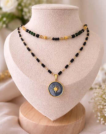 Naszyjnik czarny dwuwarstwowy cytryn i czarny turmalin