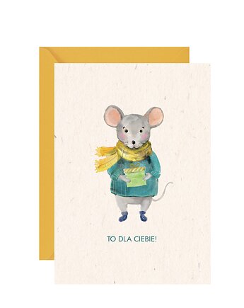 Kartka z akwarelową Myszką i prezentem, Paperwords