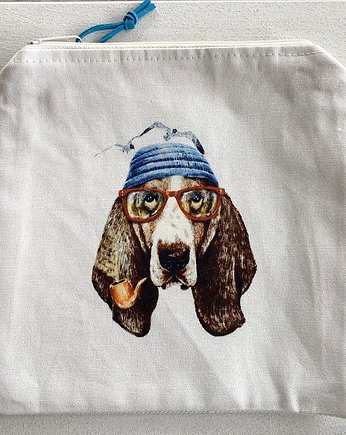 Kosmetyczka z lnu. Basset w czapce, milimoi