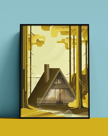 Plakat Domek typu BRDA, letni wywczas nad jeziorem w lesie, Konrad Kunc