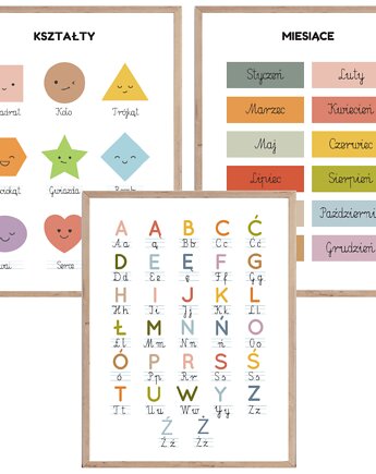 Plakaty edukacyjne dla dzieci Alfabet, Kształty, Miesiące, Wallie Studio Dekoracji