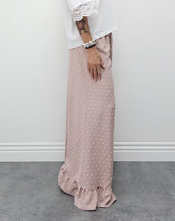 Tkaninowe spodnie boucle z falbankami - Powder pink, Ablush