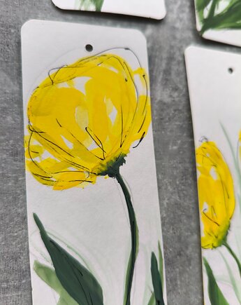 Akwarela Zakładka do Książki Żółte Tulipany Kwiaty Tasiemką Rękodzieło, kkjustpaint Karolina Kamińska