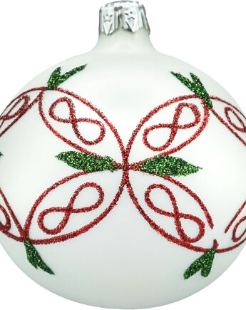 Bombki okrągłe białe: czerwono-zielony ornament, Syn Bombkarza