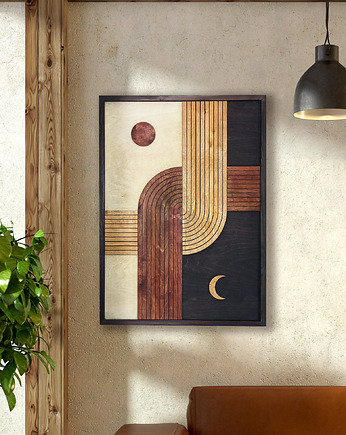 Drewniana dekoracja mid-century. "Dzień i noc". Obraz midcentury, boho., pracownia ReThing