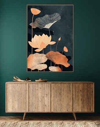 Liście lotusu - Plakat, druk - Chiński Orient, Harmonia Zen, Wabi Sabi #122, Black Sapphire Art
