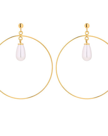 Złote kolczyki koła z białymi perłami, OKAZJE - Prezent na Dzień Kobiet