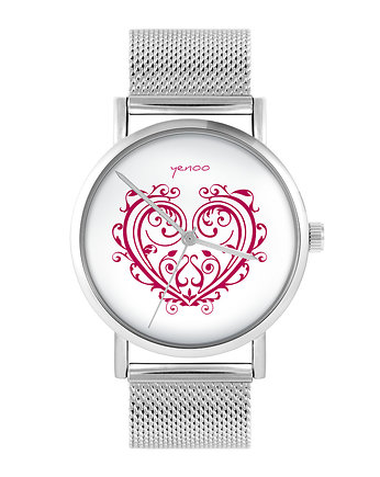 Zegarek - Serce ornamentowe - bransoleta mesh, yenoo
