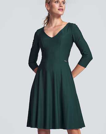 Elegancka rozkloszowana sukienka midi z dekoltem w serek i rękawem 3/4 - M709, FIGL