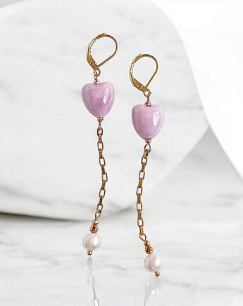 Kolczyki dłuuugie : serduszka ceramiczne i perły : różowe, kaktusia