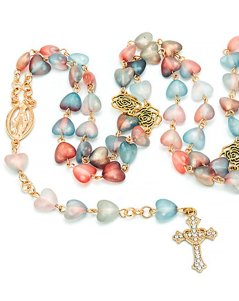 Piękny pastelowy różaniec, serduszka, złoty krzyżyk, pudełko, Yamira Art Studio