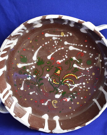 Ręcznie wykonana patera ceramiczna czerwona rustykalna, Kobaltowa Sroka