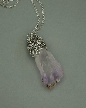 Wisiorek talizman duży surowy jasny ametyst wire wrapping, Agata Rozanska